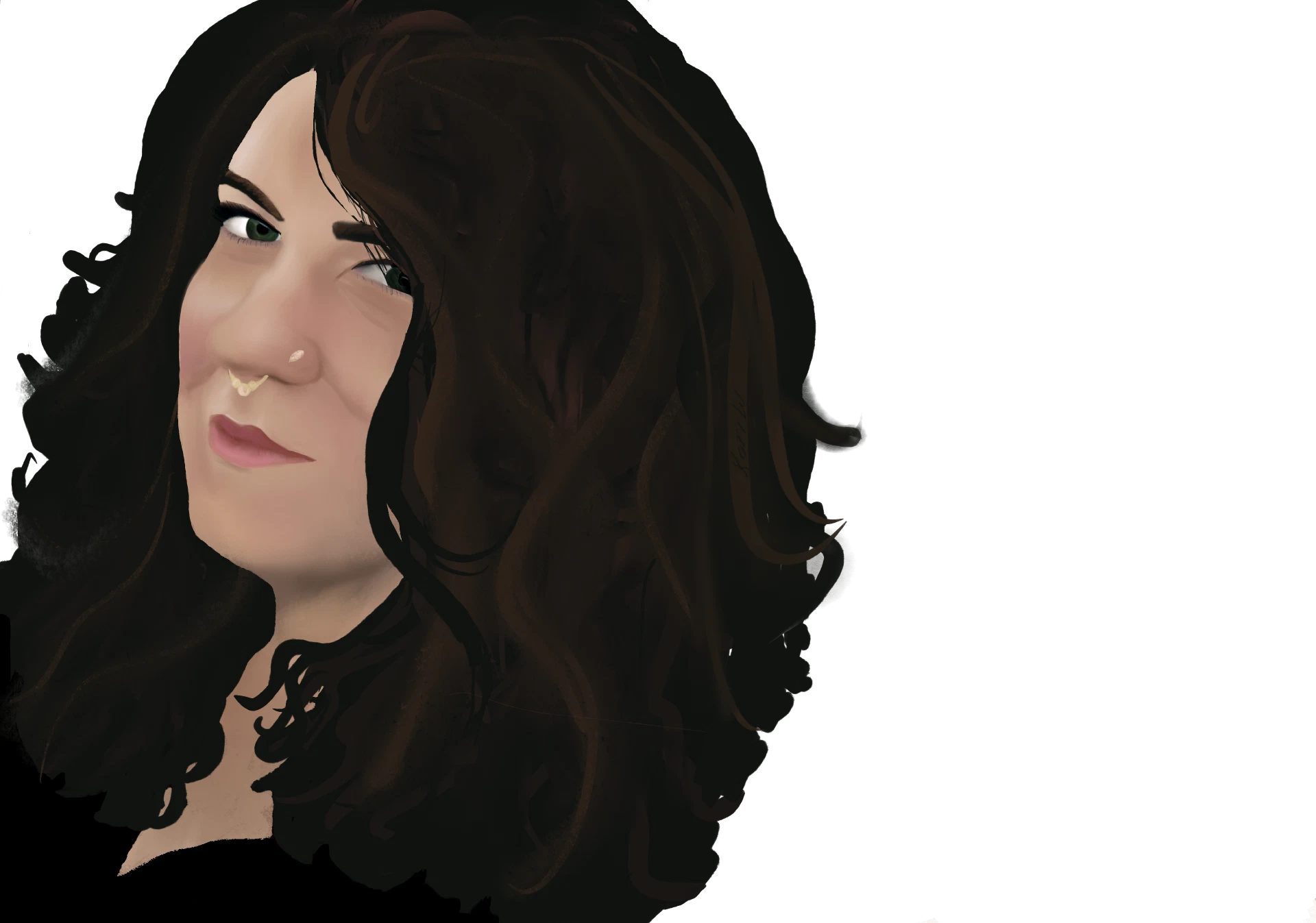 Self-portrait drawn by Kari Wilhelm, with green eyes and flowing dark curls
