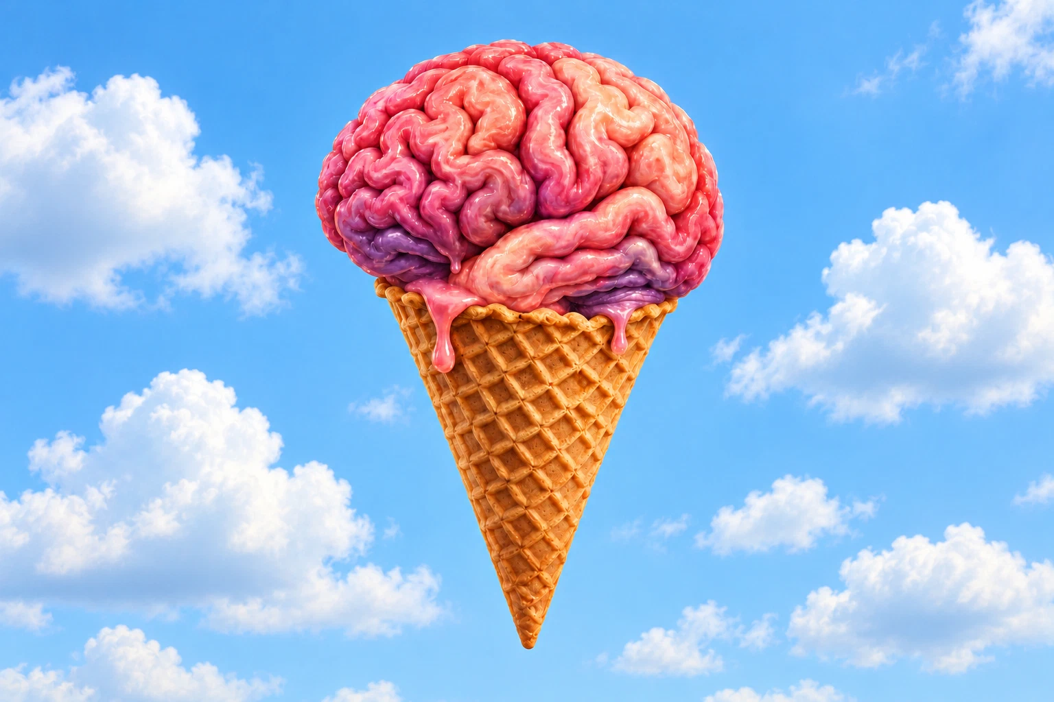 A pink brain, melting just a little, sits in a golden waffle cone against a blue sky with puffy white clouds.