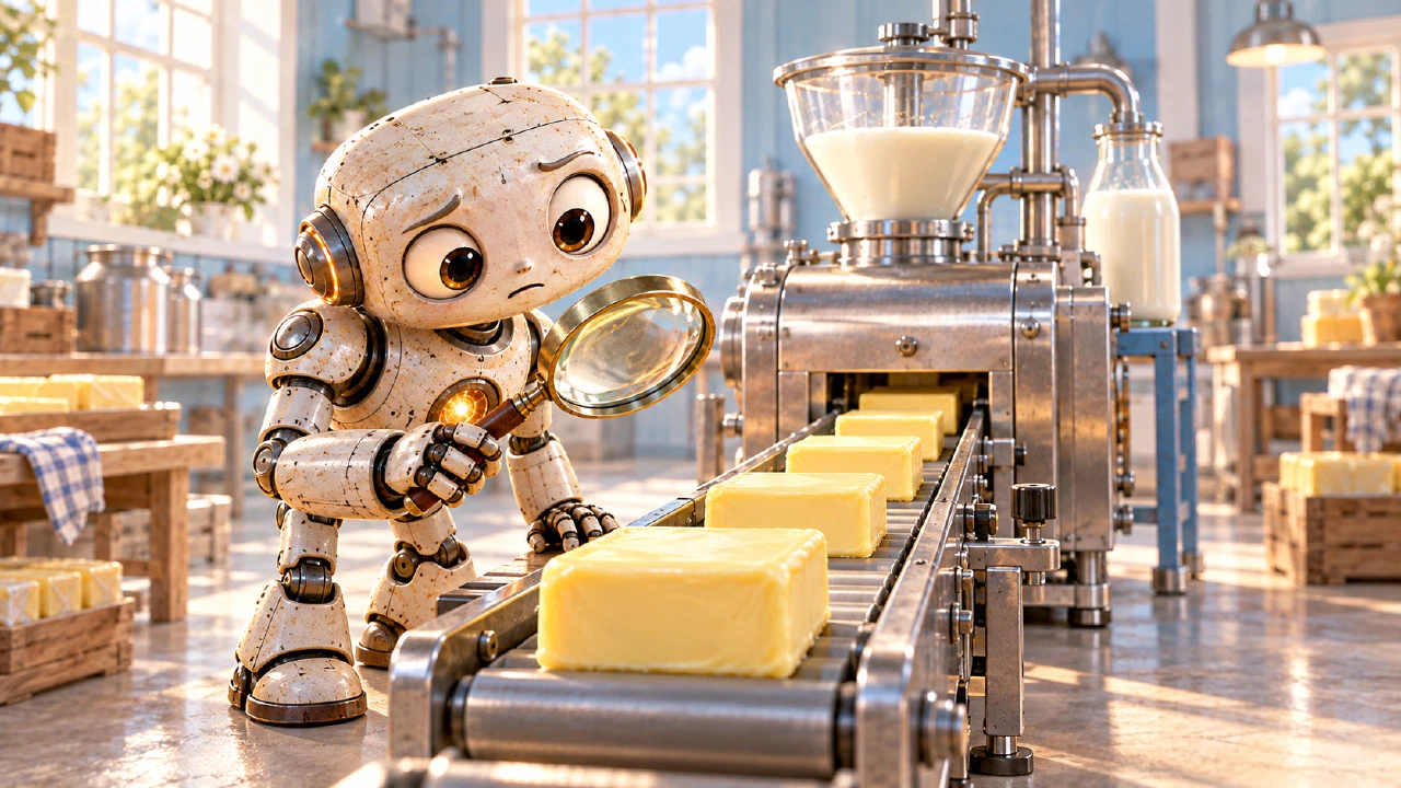 A robot uses a magnifying glass to inspect blocks of butter on a conveyor belt beside a butter-making machine.