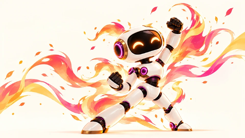 A smiling white robot raises a fist amid swirling pink and orange flames.