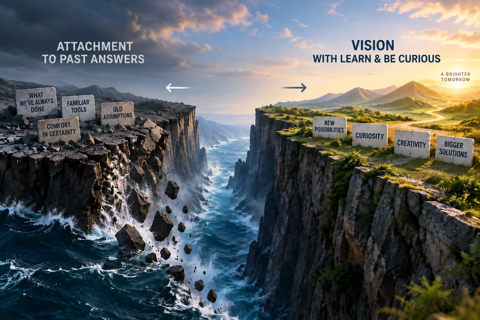 Two tectonic plates move apart above the ocean. A dark, crumbling plate represents attachment to past answers; a sunlit, green plate represents vision with Learn & Be Curious, new possibilities, curiosity, creativity, and bigger solutions.
