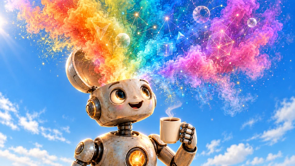 A smiling robot holds a steaming cup of coffee beneath a sunny blue sky, with rainbow clouds of connected geometric shapes rising from its open head.