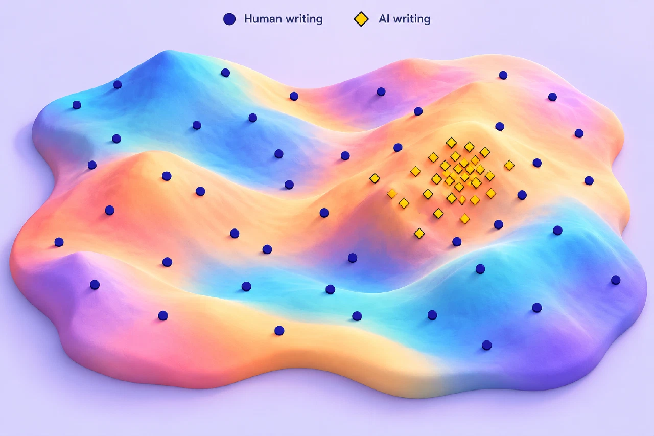 A smooth, brightly colored terrain with indigo human-writing dots scattered widely and yellow AI-writing diamonds concentrated in a small cluster.